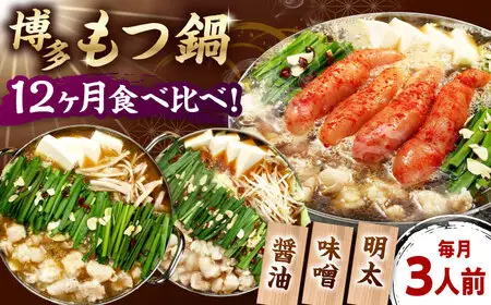 【全12回定期便】【ご家庭用】 もつ鍋3種定期便（明太・味噌・醤油）3人前 桂川町/株式会社 海千 [ADAR038] もつ鍋 鍋セット 定期便