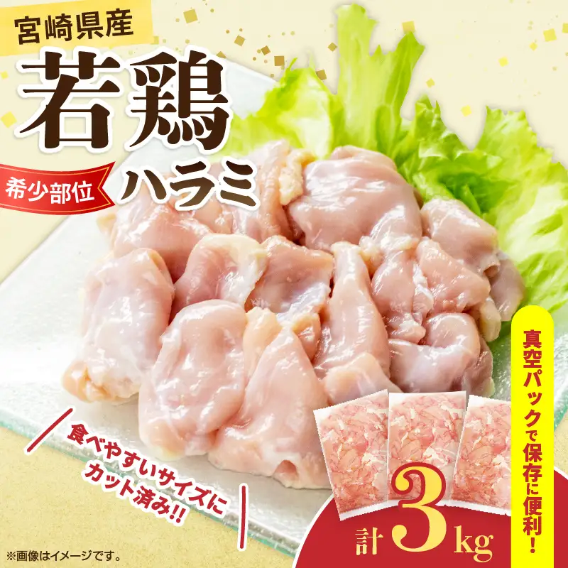 希少部位 宮崎県産 若鶏 ハラミ 計3kg 鶏肉 とり 鳥 国産 小分け 真空パック おかず お弁当 おつまみ 食品 チキン 簡単調理 鶏飯 焼き鳥 焼肉 炒め物 揚げ物 唐揚げ チキンカレー おすすめ 贈り物 ギフト おすそ分け 冷凍 宮崎県 日南市 送料無料_CB107-25