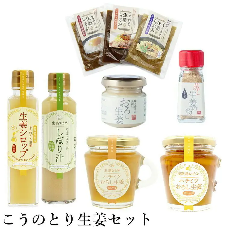 こうのとり生姜セット 9種入り / 刻み生姜の醤油漬け・炊き込みご飯の素・生姜焼きのタレ・生姜シロップ・生姜絞り汁・はちみつおろし生姜・はちみつおろし生姜レモン・蒸し生姜の粉・おろし生姜 / 国産 兵庫県産 こうのとり生姜  ショウガオール しょうが