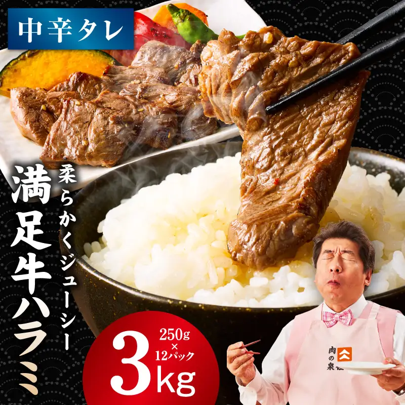 【満足牛ハラミ】中辛タレ漬け 合計3kg 