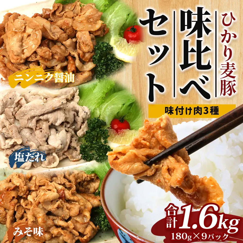 鹿児島県産 ひかり麦豚 味比べセット ≪味付け肉≫ 計1.6kg （180g×9パック）みそ 塩だれ ニンニク醤油  トレーなし 冷凍 HM-4 | 肉 お肉 にく 豚肉 味噌味 塩ダレ 解凍して焼くだけ 真空冷凍 新鮮 小分け おかず 産地直送 鹿児島県 南大隅町 ひかり麦豚直売所