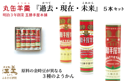 【数量限定】五勝手屋本舗『丸缶羊羹　過去・現在・未来』5本セット　五勝手屋羊羹の「かつて・いま・これから」　金時豆　大正金時　紅金時　秋晴れ　ようかん　復刻　保存料不使用　老舗　和菓子　銘菓　ギフト　贈答