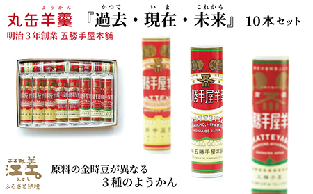 【数量限定】五勝手屋本舗『丸缶羊羹　過去・現在・未来』10本セット　五勝手屋羊羹の「かつて・いま・これから」　金時豆　大正金時　紅金時　秋晴れ　ようかん　復刻　保存料不使用　老舗　和菓子　銘菓　ギフト　贈答