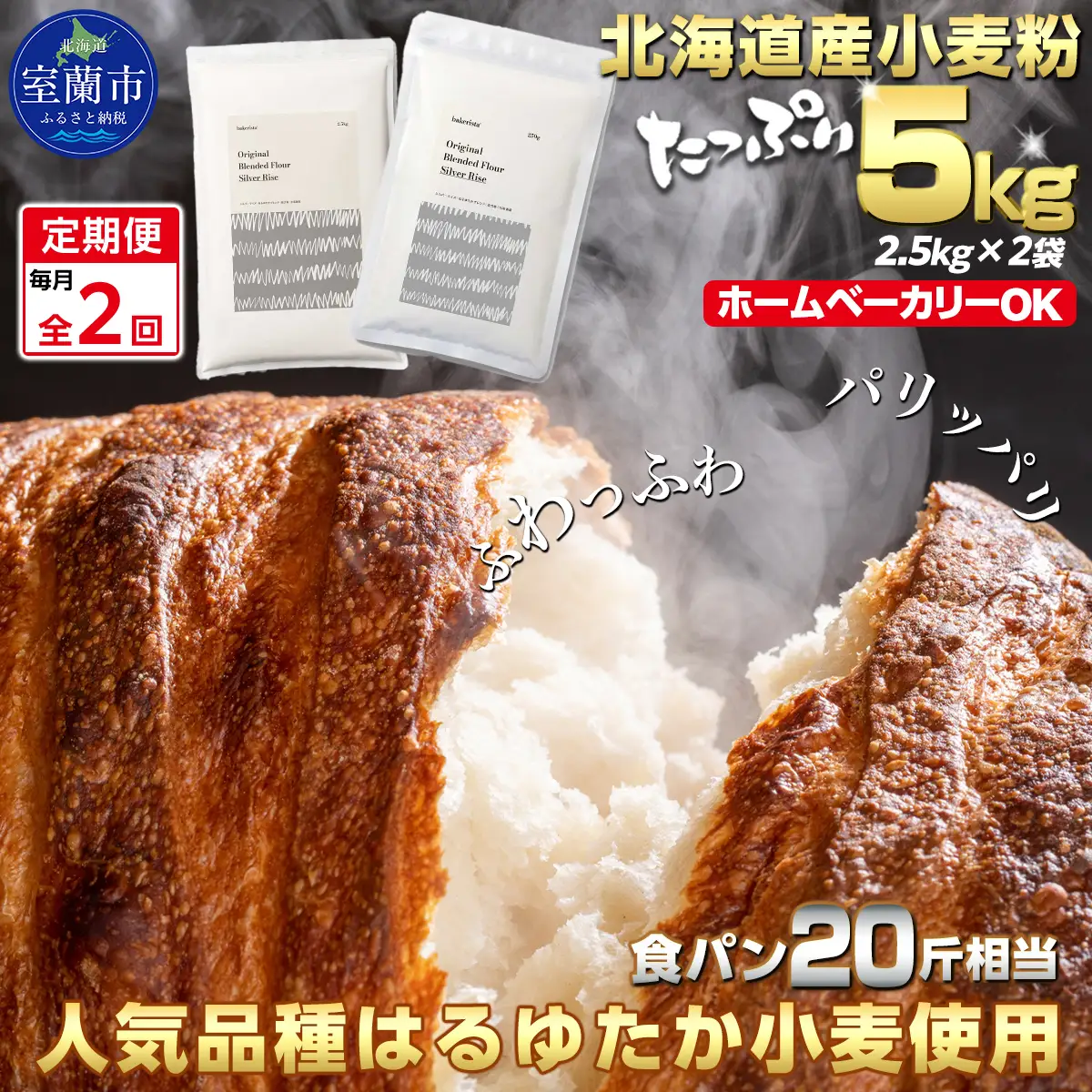 【毎月定期便】北海道産 小麦粉 はるゆたかブレンド小麦粉 シルバーライズ（パン用強力粉）5kg 全2回 MROBI027