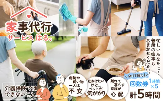 家事代行サービス　5時間　回数券（1時間券×5枚）　250P8408【家事代行サービス はる。】