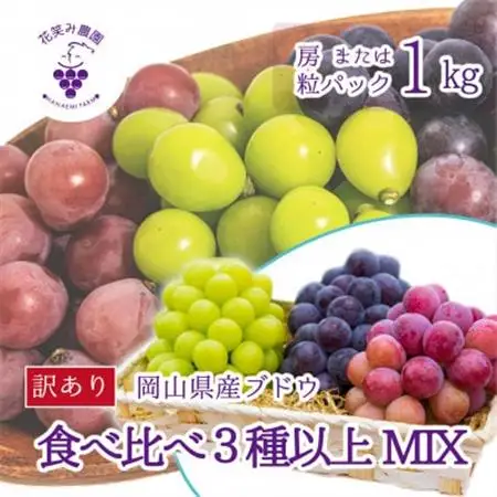 岡山　花笑み農園のブドウ『訳あり3種以上MIX』1kg　W3M-1【配送不可地域：離島】【1650788】