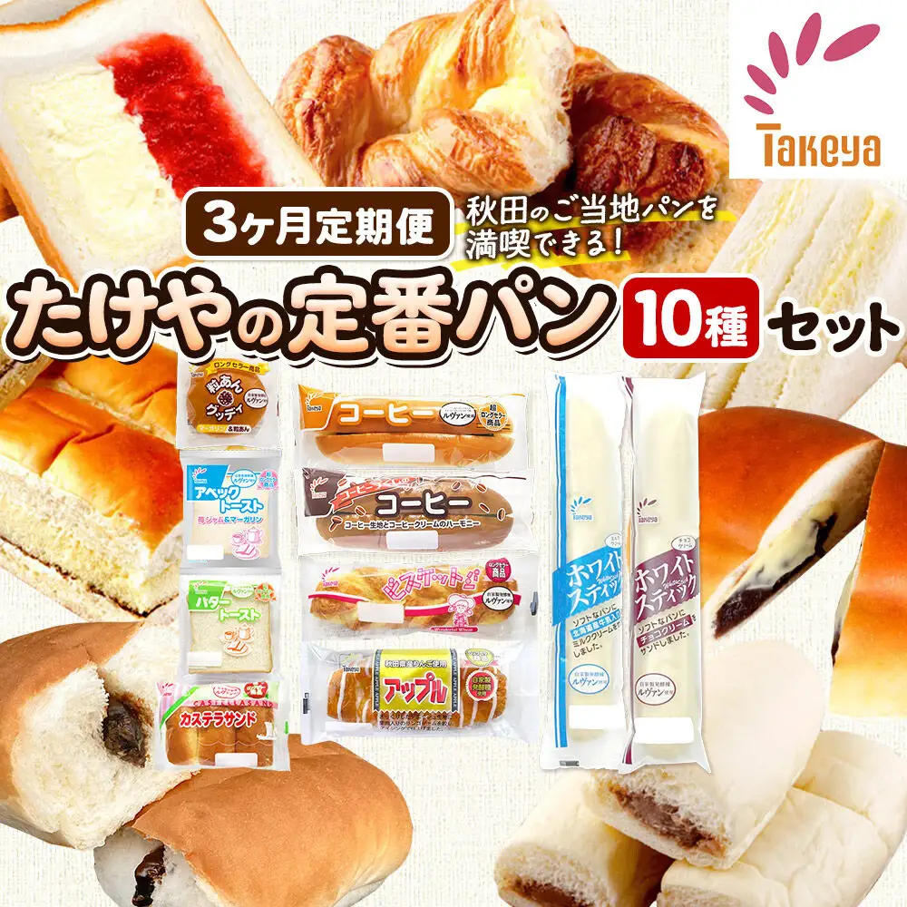 たけや製パン 【定期便3ヶ月】たけや製パン 秋田ふるさと満喫セット 10種各1個（合計10個） 菓子パン