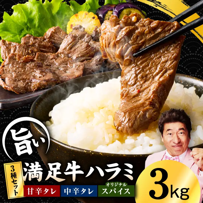 【満足牛ハラミ】3種セット （甘辛タレ漬け・中辛タレ漬け・オリジナルスパイス仕込み）  合計3kg 