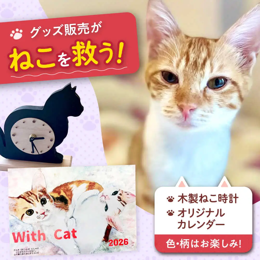 ねこ雑貨セット 木製ねこ時計＆WithCatオリジナルカレンダー WithCat[AOEI005]