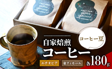 コーヒー 豆 2種 各 180g 計 360g 自家焙煎 珈琲 高級 豆 エチオピア 東ティモール 日野町