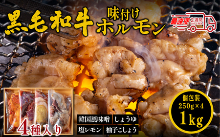 〈スピード出荷〉黒毛和牛ホルモン4種 （韓国風味噌・塩レモン・柚子胡椒・しょうゆ）4種 1kg ホルモン  MSK027