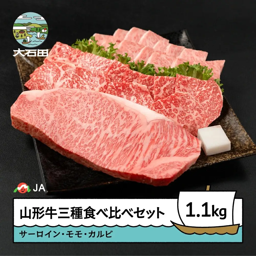 山形牛 牛肉 三種食べ比べセット サーロインステーキ モモ カルビ ja-gns3x1100