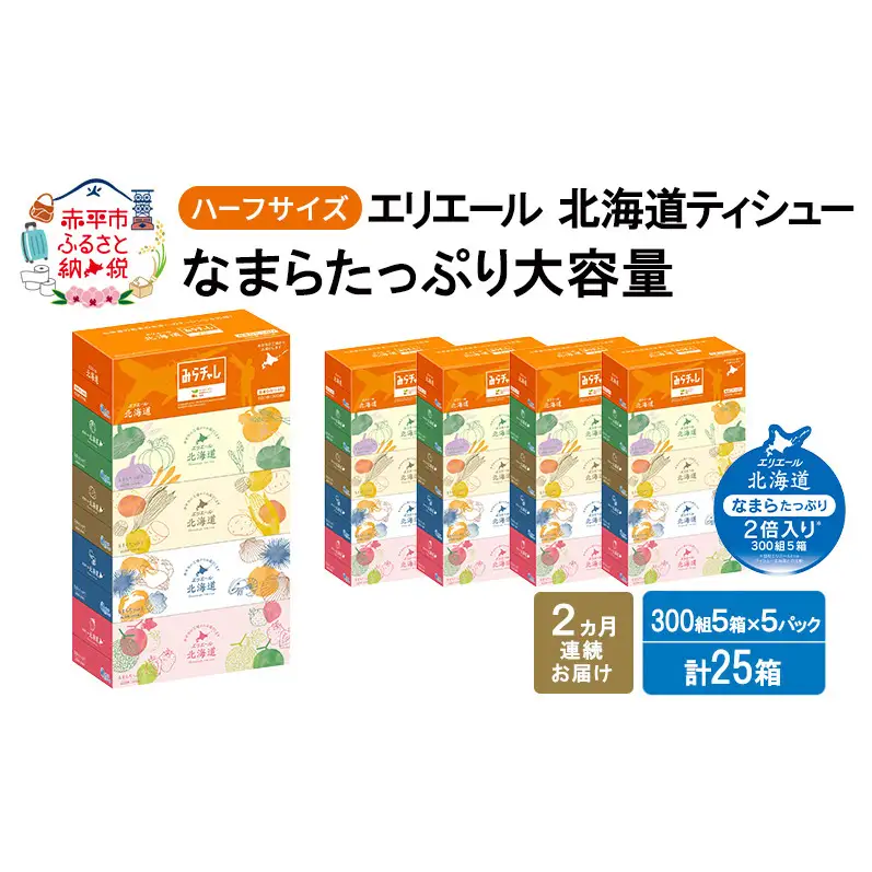 定期便 2ヵ月連続お届け エリエール ハーフサイズ 収納に便利 コンパクト 【少量5パック】 北海道ティシュー 300組 5箱×5パック 計25箱 なまらたっぷり 大容量 防災 常備品 備蓄品 消耗品 日用品