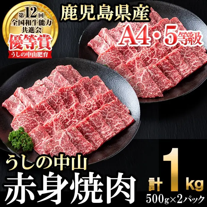 ＜A4・A5等級＞鹿児島県産黒毛和牛 うしの中山 赤身焼肉用 計1kg(500g×2P) 黒毛和牛 和牛 肉 牛肉 国産 九州産 鹿児島県産 焼肉 赤身 日本一 c8-034