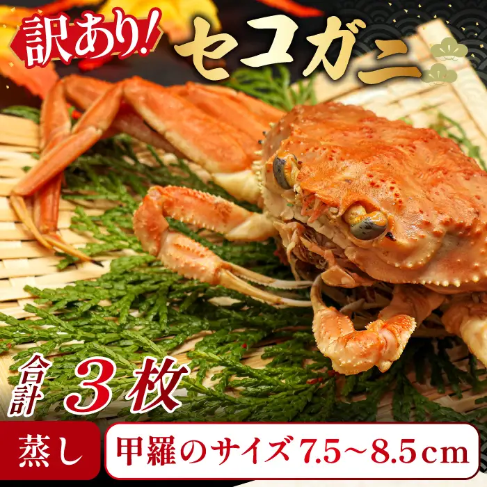 【蒸し】訳あり足折れご自宅用 日本海産親ガニ（セコガ二）3枚【訳あり かに カニ 親ガニ セコガニ ずわいがに ズワイガニ 冷蔵 チルド ブランド 蒸し ボイル 足折れ 自宅用 国産 季節限定 お取り寄せ 鳥取県 日吉津村 日本海】