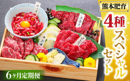 【6ヶ月定期便】国産 馬刺し 4種スペシャルセット 計約200g×6回 約1.2kg 馬肉 お肉 肉 上赤身 霜降り 中トロ ロース ユッケ タレ 醤油 セット 食べ比べ 冷凍 熊本県 湯前町
