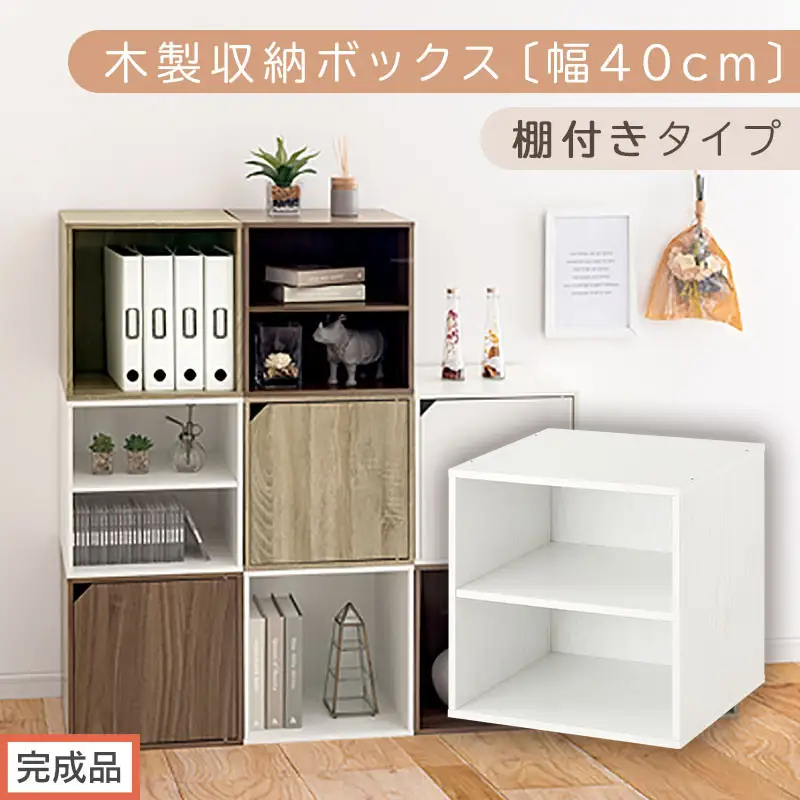 【完成品でお届け】木製収納ボックス〔幅40cm・棚付きタイプ〕（ホワイト）キューブボックス 収納 カラーボックス 扉付き 収納棚 木製 cd dvd 収納ボックス キューブ型 ラック スタッキングボックス LKANET300207-6-WH