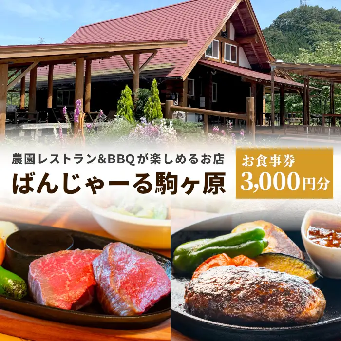 農園レストラン&BBQが楽しめる ログハウス ばんじゃーる駒ヶ原 お食事券 3000円 利用券 段戸山高原牛 ステーキ バーベキュー 食事 牛肉 野菜 食材 ハンバーグ -227