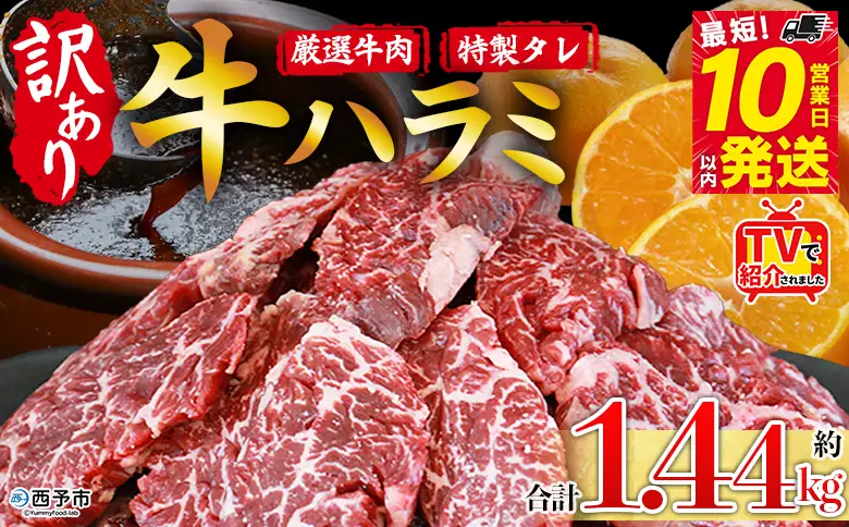 TVで紹介！＜秘伝の特製タレ仕込み！やわらか味付き 牛ハラミ 約1.44kg（360g×4）＞ テレビ TV 訳あり はらみ ハラミ 赤身 大容量 牛肉 お肉 焼肉 BBQ 味付き タレ漬け 甘辛 レシピ 丼 献立 惣菜 おかず 簡単 グルメ 株式会社丸和 愛媛県 西予市【冷凍】『最短10営業日以内に順次出荷』MMW0009
