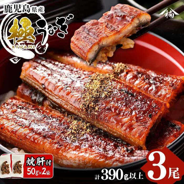 楠田の極うなぎ蒲焼き 130g以上×3尾(計390g以上) 焼肝2袋付き うなぎ 鰻 ウナギ 国産 鹿児島県産 九州産 蒲焼き 冷凍 うな重 ひつまぶし b0-040