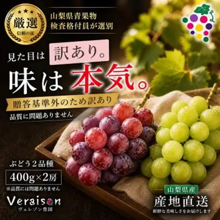 【2026発送予定】【訳あり】葡萄2色入り化粧箱入り　山梨市産地直送　約400g×2房【配送不可地域：離島】【1178185】