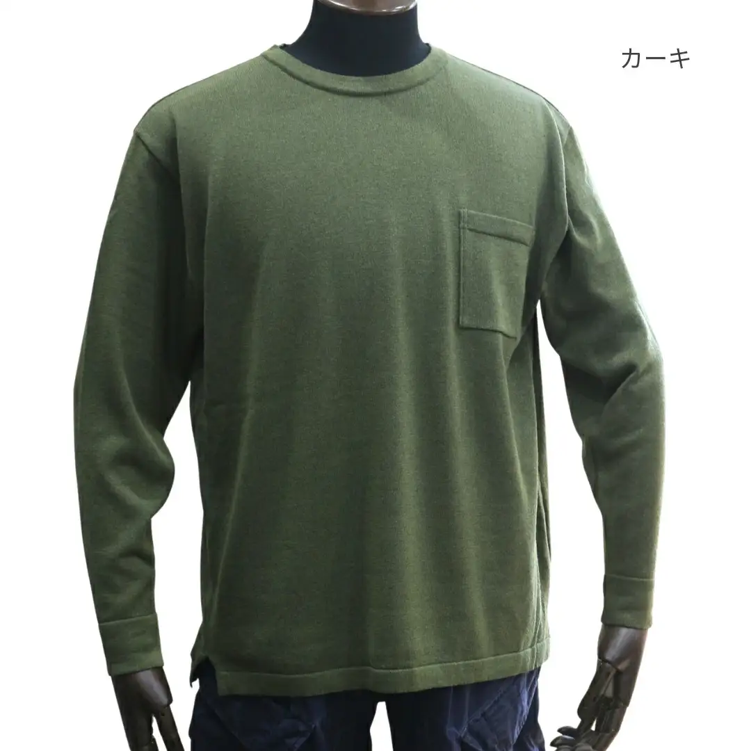 ニット 洗える ウール 和紙 ブリージング丸首長袖プルオーバー カーキ XXL | クルーネック 薄手 長袖