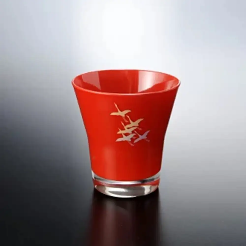 みよし漆器本舗 紀州塗り ぬりもん de Verre フリーグラス 蒔絵 千羽鶴 赤 210ml