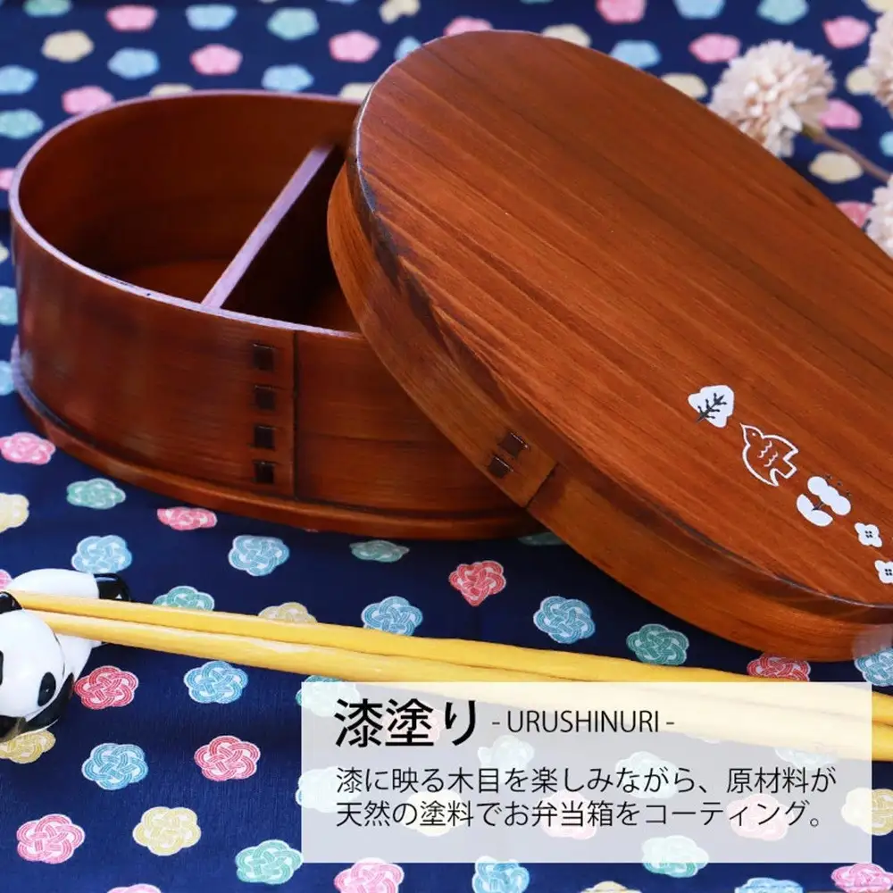 	みよし漆器本舗 曲げわっぱ お弁当箱 600ml 約17.5×11.5×高さ6.5cm 小判型 一段 小鳥 花木 漆塗り