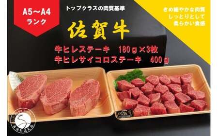 佐賀牛 ヒレ（180g×3枚）＆サイコロステーキ 400g【陶窯みかわや】最高級 A5 A4 黒毛和牛 厳選 ステーキ 940g ブランド牛 霜降り ステーキ 80000円 8万円 cj017