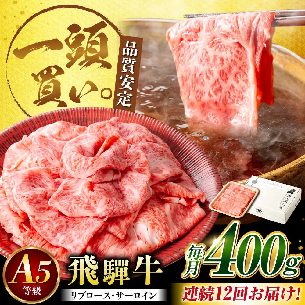【12回定期便】飛騨牛サーロイン・リブロース 400g×1パック すき焼きしゃぶしゃぶ用肉 [AVBO023]