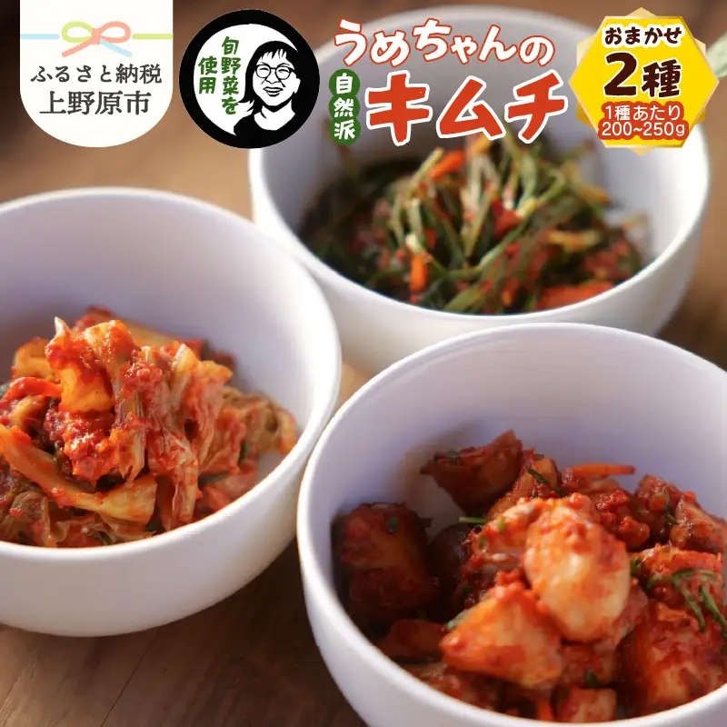 旬野菜で作るうめちゃんの自然派キムチ　おまかせ２種 キムチ 漬物 手作り 自然派 旬野菜 農薬未使用野菜 韓国料理 ご飯のお供 プレゼント 贈答 贈り物 送料無料 山梨県 上野原市