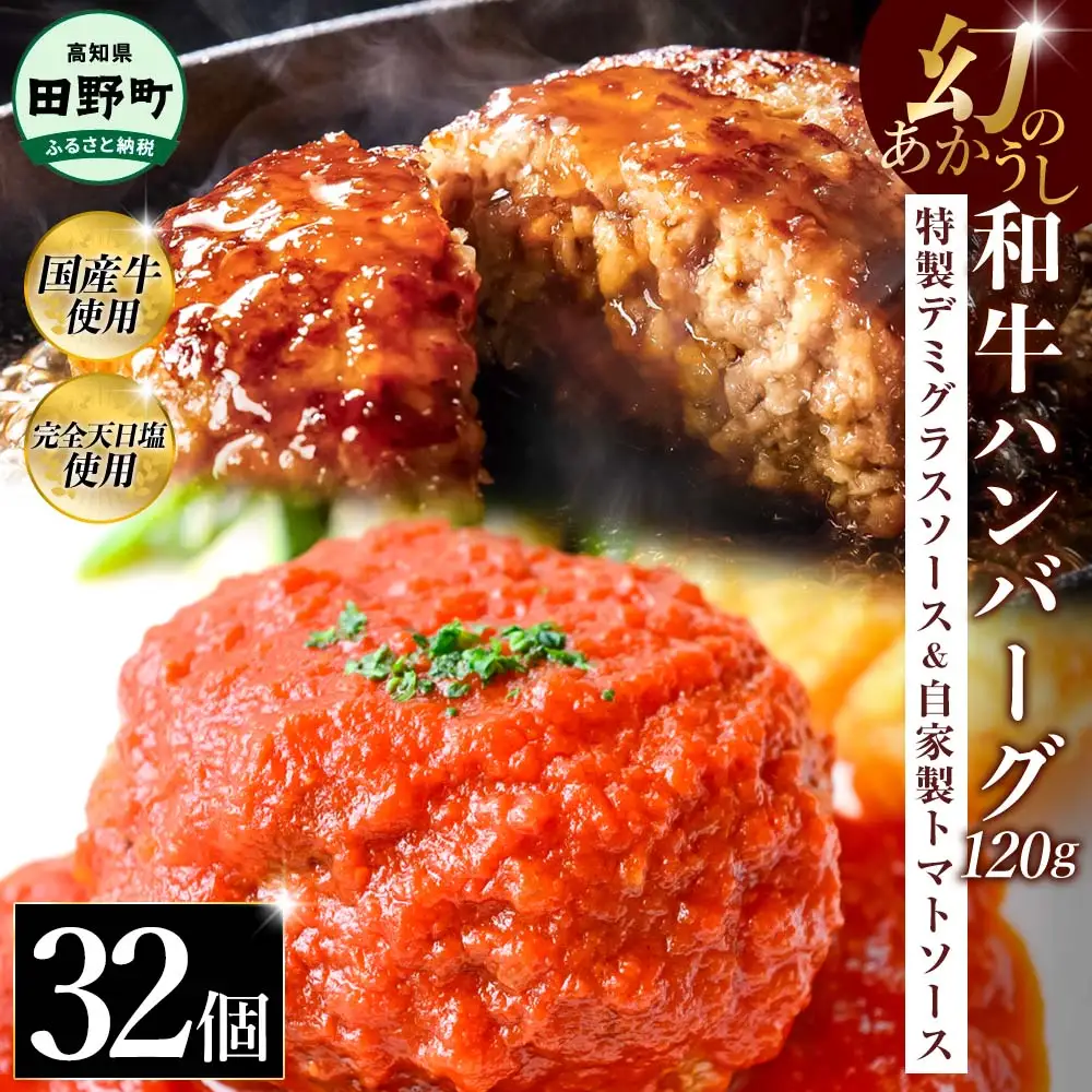 幻のあかうし和牛ハンバーグ 32個入り 1個120g 特製デミソース トマトソース付き 田野屋青蜂 白鯆 完全天日塩練り込み