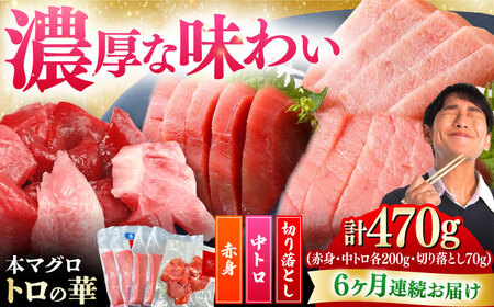 【全6回定期便】対馬産 本マグロ 470g（赤身200g、中トロ200g、切り落とし70g） ≪対馬市≫【桐谷商店】 トロの華 対馬 新鮮 マグロ 赤身 トロ 切り落とし 鮪 刺身[WAQ077]