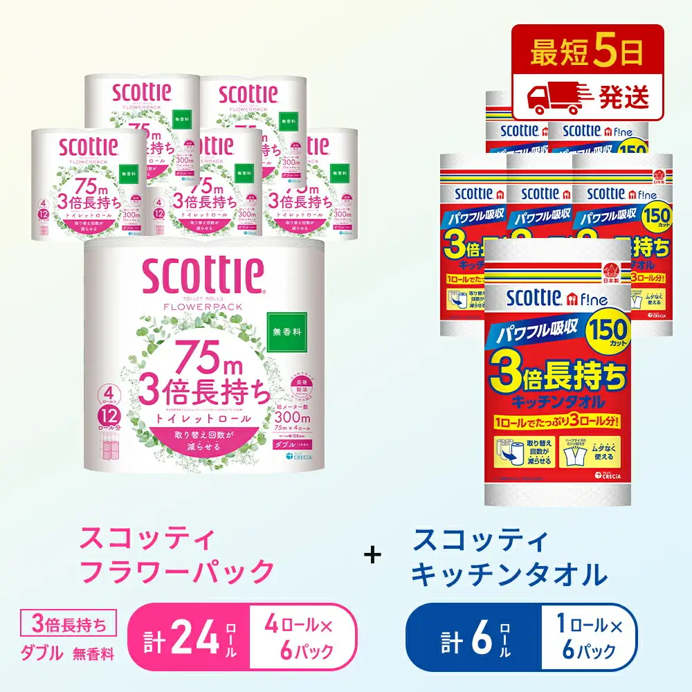 キッチンペーパー 6パック入 スコッティ ファイン 1ロール 3倍 150カット トイレットペーパー ダブル 24ロール ( 4ロール × 6パック ) フラワーパック