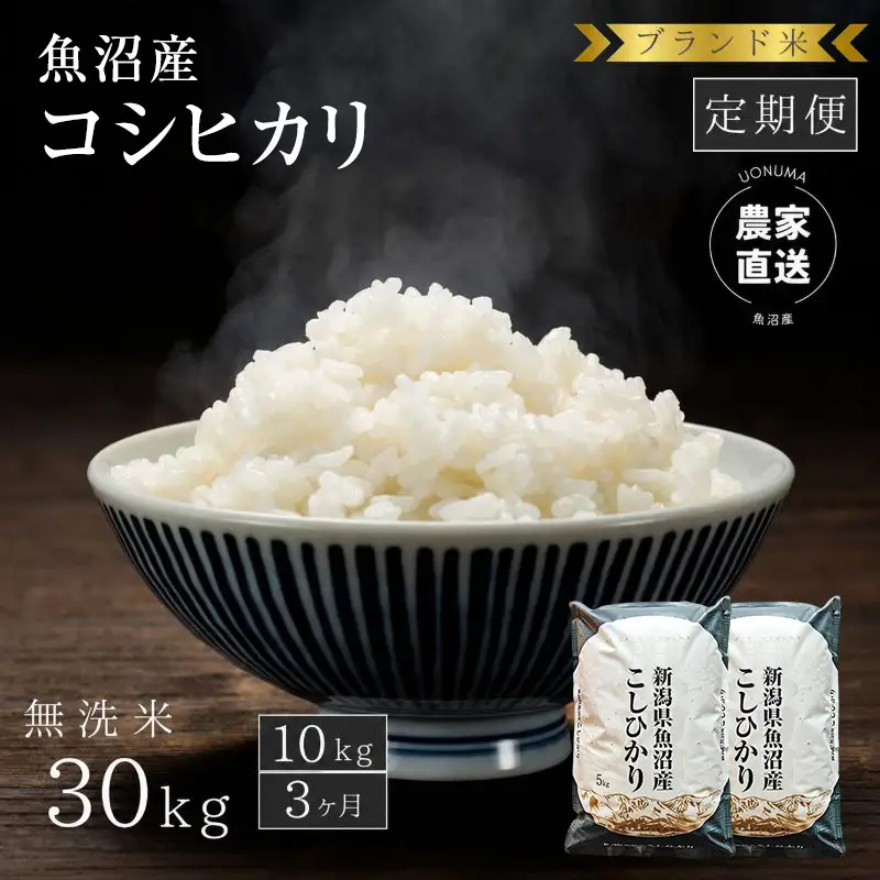 【定期便：無洗米10kg×3ヶ月】ブランド米    魚沼産コシヒカリ 米 こしひかり 新潟 定期