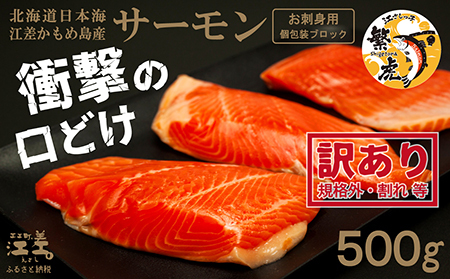 【訳あり】北海道産 サーモン お刺身用ブロック 500g（約5～7パック前後）　日本海 かもめ島海面養殖　純国産 ブランドサーモン『江さしっ子 繁虎』　衝撃の口どけ　とろける脂　生食可　冷凍　小分け　個包装　トラウトサーモン　刺身　サーモンステーキ　カルパッチョ　海鮮　鮭　さけ　シャケ　しゃけ　さーもん　切り落とし　規格外
