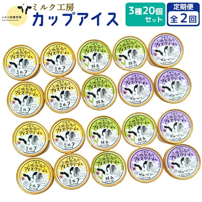 【定期便：全2回】ニセコ高橋牧場ミルク工房カップアイス3種20個セット【03129】