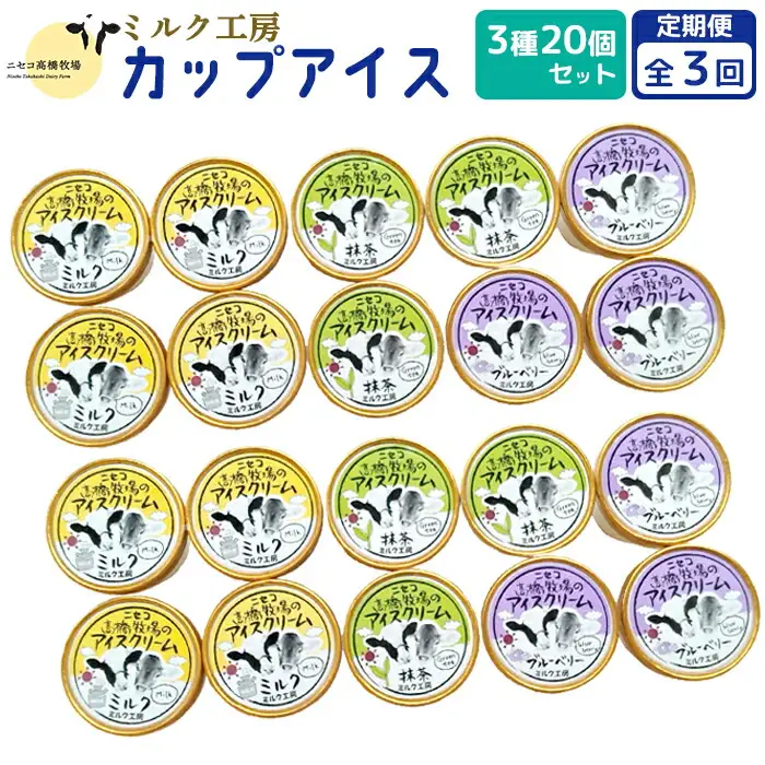 【定期便：全3回】ニセコ高橋牧場ミルク工房カップアイス3種20個セット【03130】