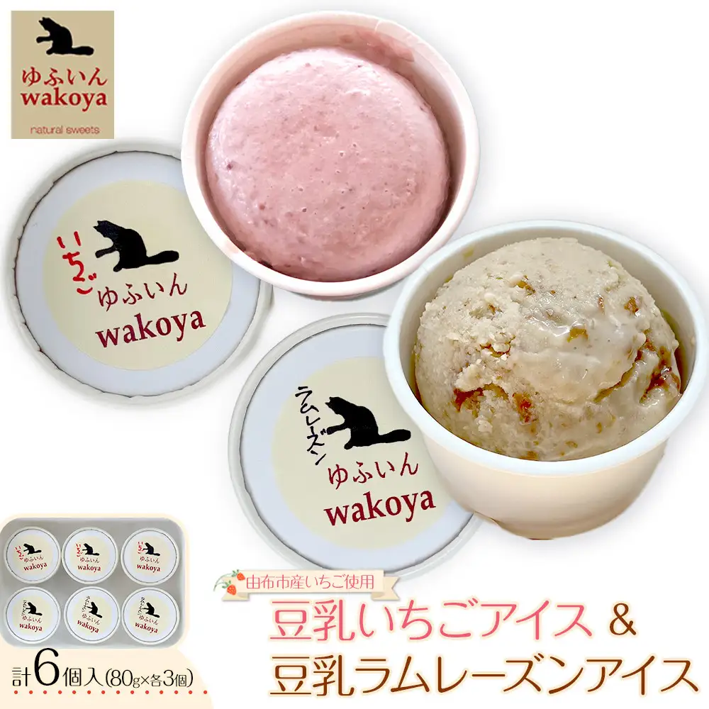 豆乳いちごアイス＆豆乳ラムレーズンアイスセット 約80g×各3個入り 計6個【ゆふいんwakoya】