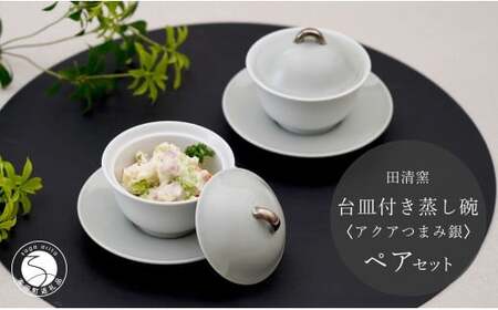 有田焼 台皿付き 蒸し碗 セット（アクアつまみ銀）【田清窯】食器 器 うつわ 蓋物 茶碗蒸し 食器 蒸し碗 お祝い ペア ふたもの 50000円 5万円 ec015