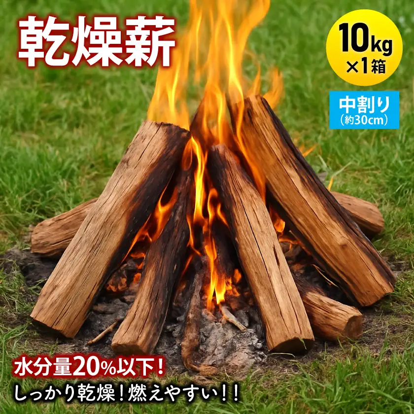 乾燥薪　キャンプ用 10kg　水分量20%以下までしっかり乾燥　中割(約30cm)　広葉樹ミックス【1662925】