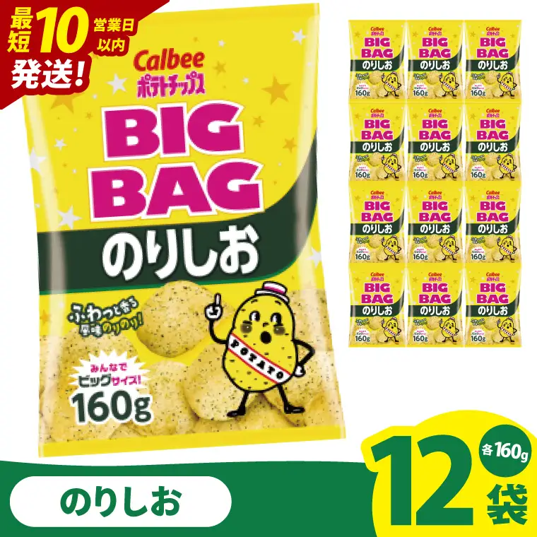 【10営業日以内に出荷】カルビー ポテトチップス のりしお BIGBAG（160g）×12個｜Calbee お菓子 菓子 おやつ おかし ぽてち ポテチ スナック おつまみ ジャガイモ じゃがいも（93-61）
