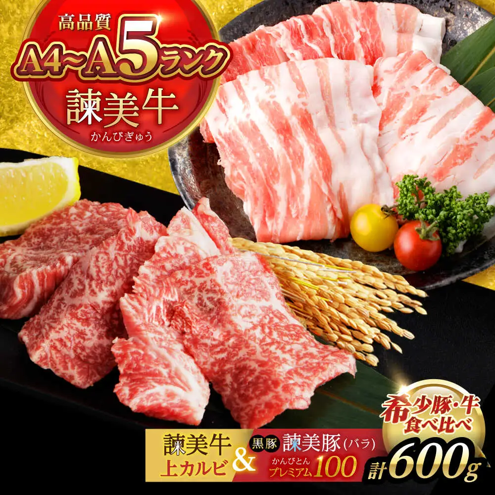 【ブランド牛＆ブランド豚の焼肉食べ比べ】諫美牛 上カルビ 300g ＆ 黒豚諫美豚プレミアム100 バラ肉 300g / カルビ 牛肉 食べ比べ A5 焼肉 豚バラ スライス ぶた ばらすらいす 小分け 肉 薄切り / 諫早市 / 株式会社土井農場[AHAD103]