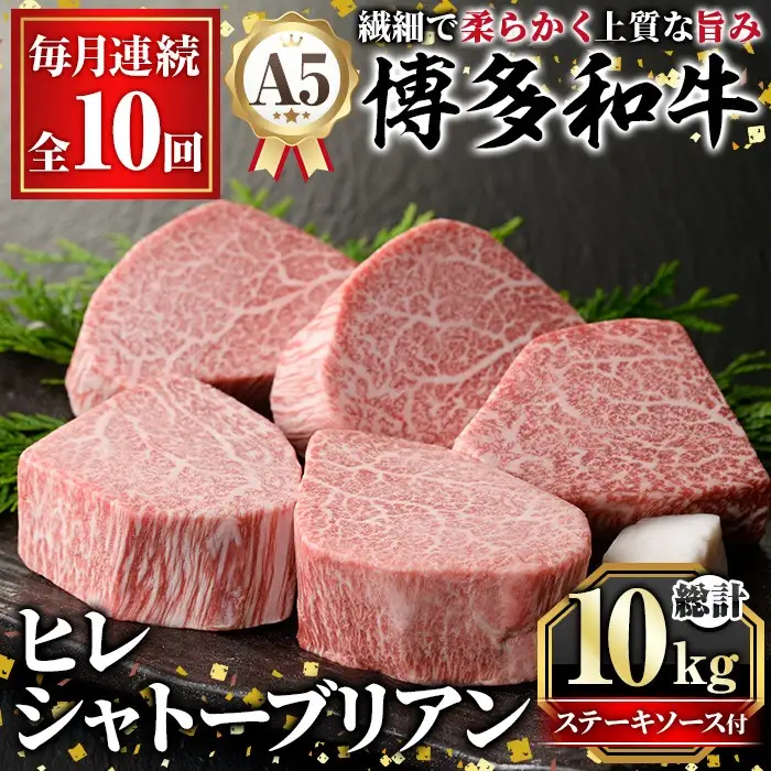 ≪毎月定期便・全10回≫A5等級 博多和牛ヒレシャトーブリアン (総計10kg・200g×5枚×10回) 牛肉 国産 和牛 博多和牛 ヒレ シャトーブリアン ステーキ 黒毛和牛 コンシェルジュ ステーキソース ダイヤモンドカット 冷凍 厚切り 定期便 頒布会【久田精肉店】as23-026
