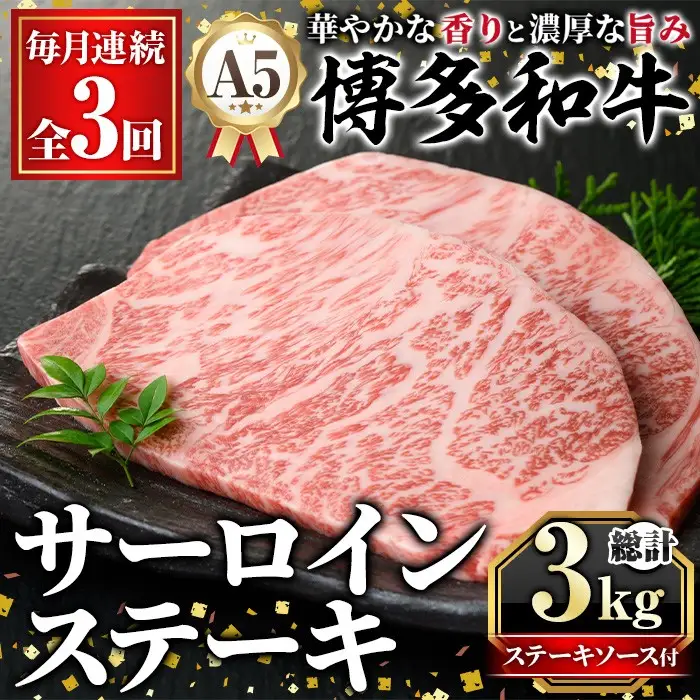 ≪毎月定期便・全3回≫A5等級 博多和牛サーロインステーキ (総計3kg・200g×5枚×3回) 肉 国産 和牛 博多和牛 サーロイン ステーキ 黒毛和牛 コンシェルジュ ステーキソース 冷凍 定期便 頒布会【久田精肉店】as23-032