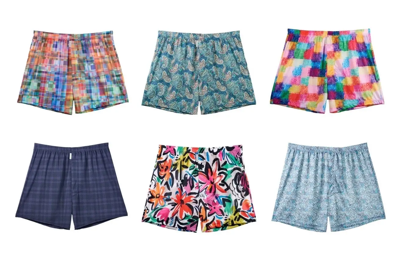 メンズ 下着 ショート トランクス Lサイズ 6枚 / 特別色 / 13 Purple check×14 Flower blue×15 Tropical flower×16 Blue paisley×17 Digital check×18 Bubble color / ZIVANE ジバン / 締め付け感の無い / 専用BOX付き アンダーウェア
