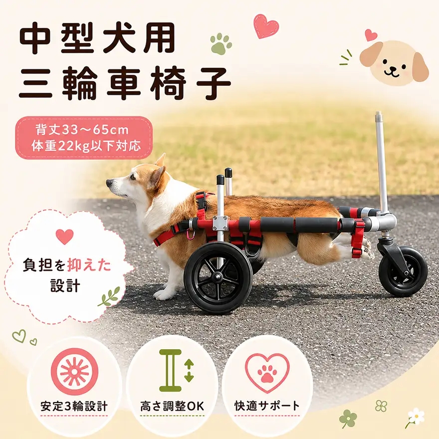 犬用車椅子 中型犬用 三輪 犬用車椅子【背丈33〜65cm 体重22kg以下】【要事前相談】