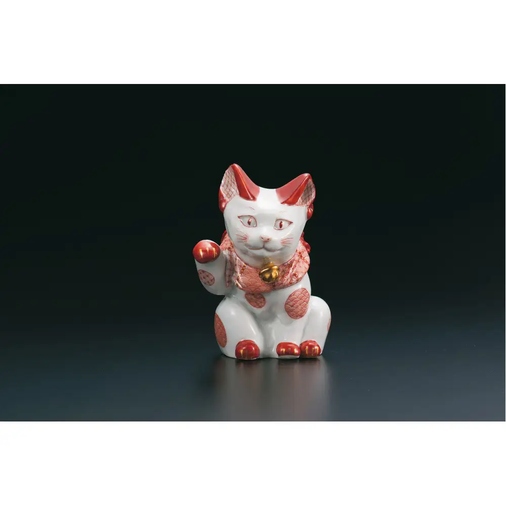 九谷焼　4号招き猫　赤絵細描丸紋　福島礼子作 a05 工芸品