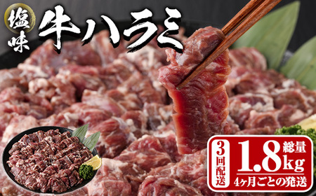 ＜定期便・全3回 (4か月ごとの発送)＞塩味 牛ハラミ(総量1.8kg) 定期便 小分け 牛肉 肉 ハラミ 牛はらみ 味付け 焼肉 塩 BBQ 冷凍 大分県 佐伯市【DH324】【ネクサ】