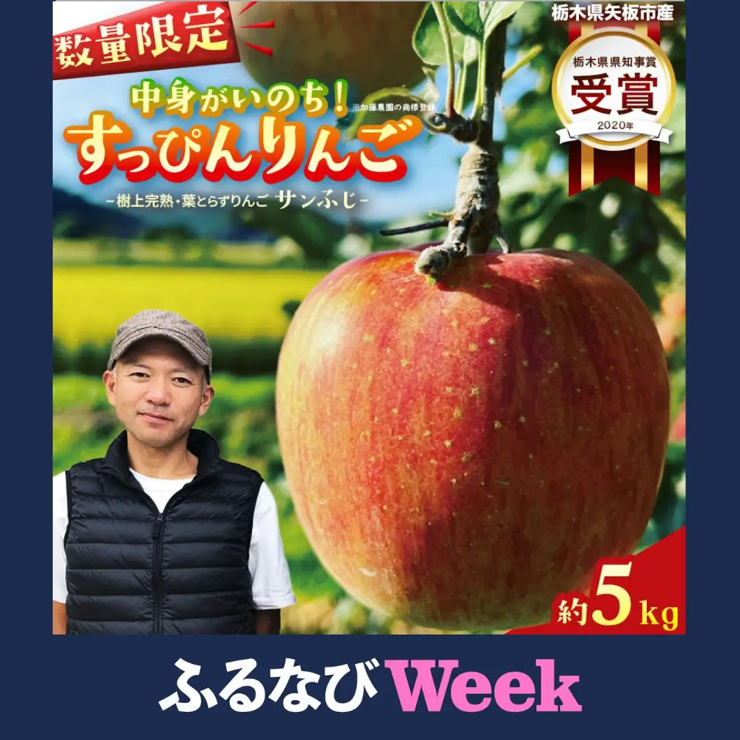 【ふるなびWEEK対象】樹上完熟・葉とらず・すっぴんりんご [ サンふじ ] 5kg 栃木県産